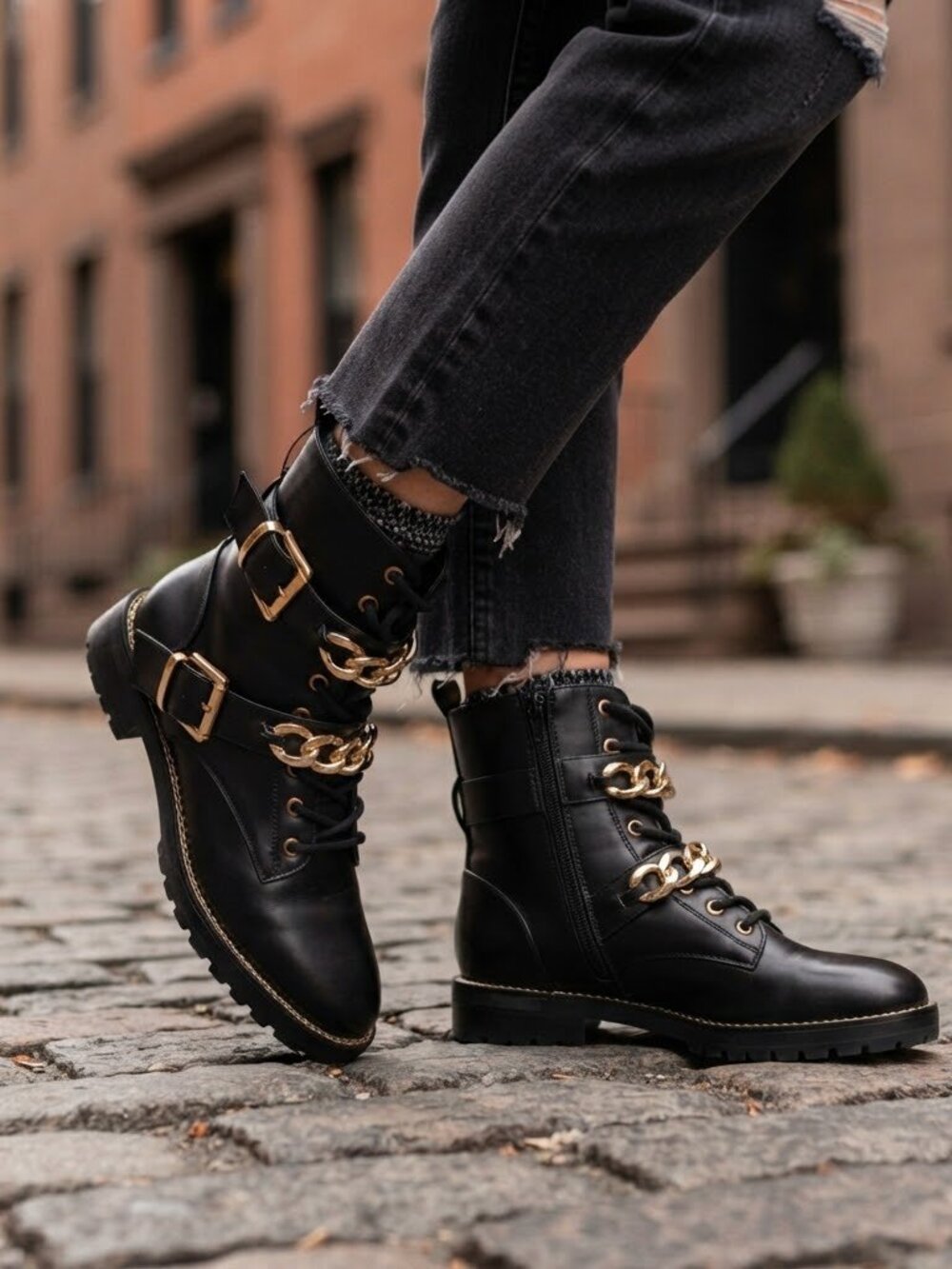 London Rag Black Chain Combat Moto Edgy Urban Grunge Boots Size 7 US / 38 EU NWT
